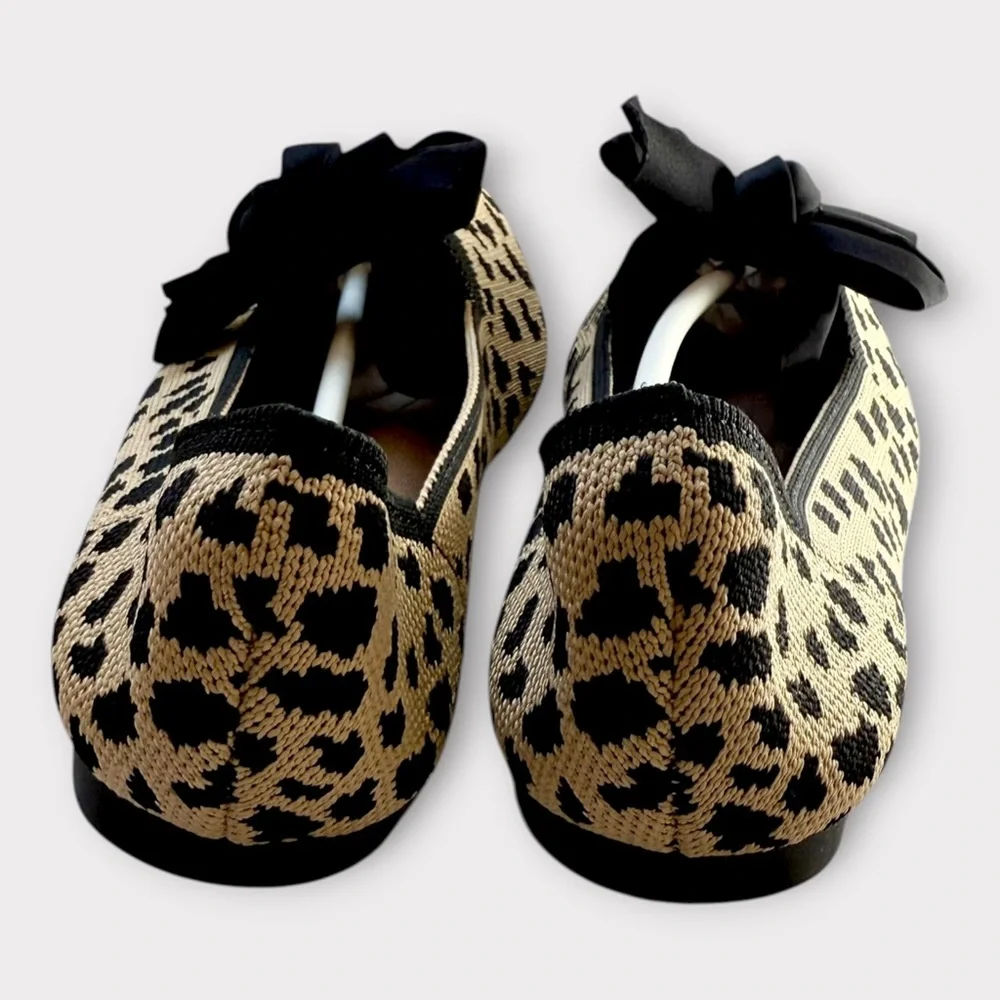 New! Breathable Mesh Knit Ballet Flat Bow Pointed Toe Slip On Leopard Shoes